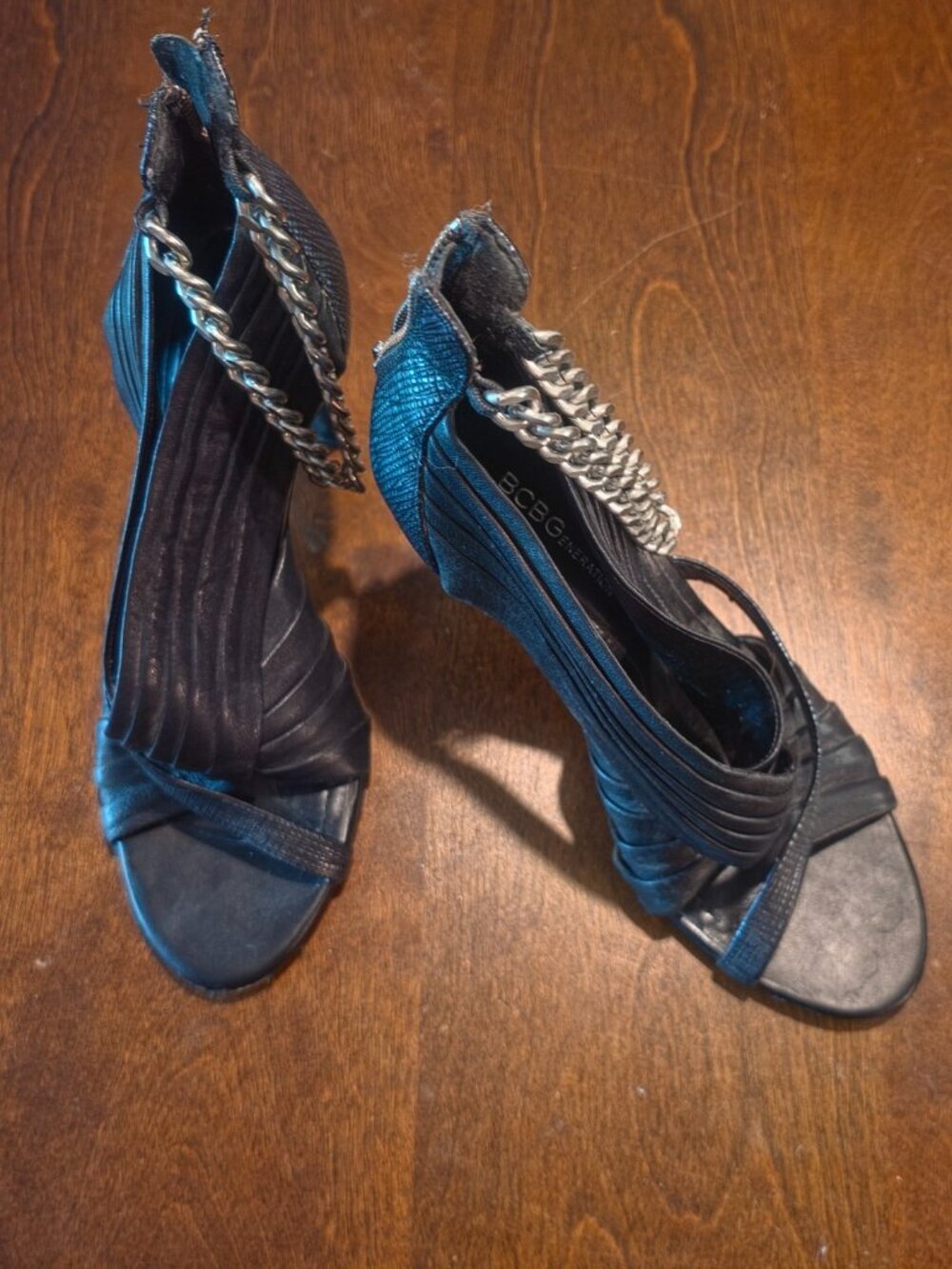 BCBG Black Strappy Chain‑Detail Heels — Size 9